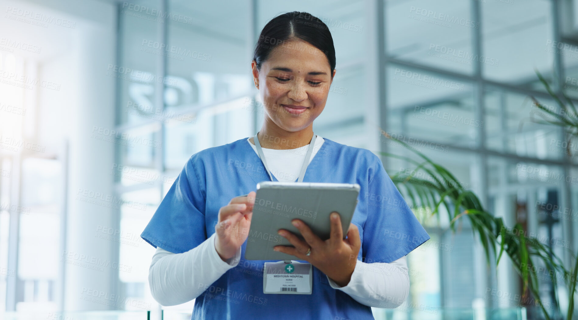 Buy stock photo Hospital, female nurse and tablet for research, medical info or diagnosis results with smile. Healthcare, physician or digital for report analysis, online consultation or telehealth with wellness app