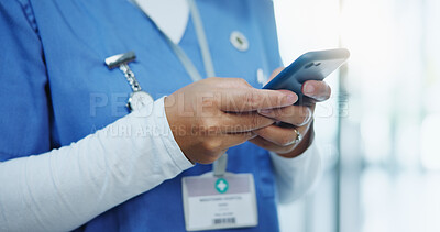 Buy stock photo Healthcare, hands and nurse with mobile for research app, network and telehealth service with smartphone. Hospital, cellphone and medical information with physician, reading and scrolling at clinic