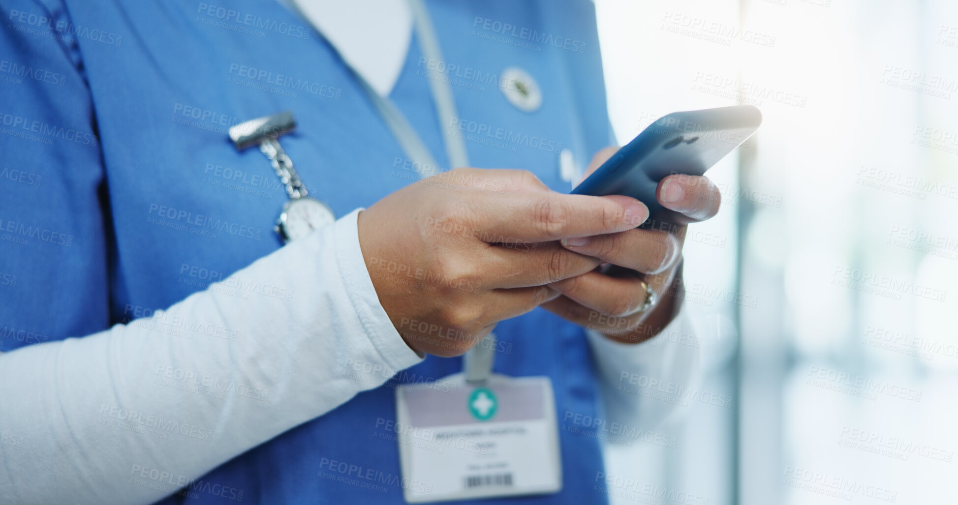 Buy stock photo Healthcare, hands and nurse with mobile for research app, network and telehealth service with smartphone. Hospital, cellphone and medical information with physician, reading and scrolling at clinic