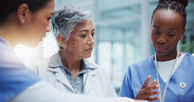 Buy stock photo Healthcare, women and doctor with discussion and communication about procedure protocol in hospital. Medical meeting, teamwork and female nurses for conversation, analysis and planning for surgery