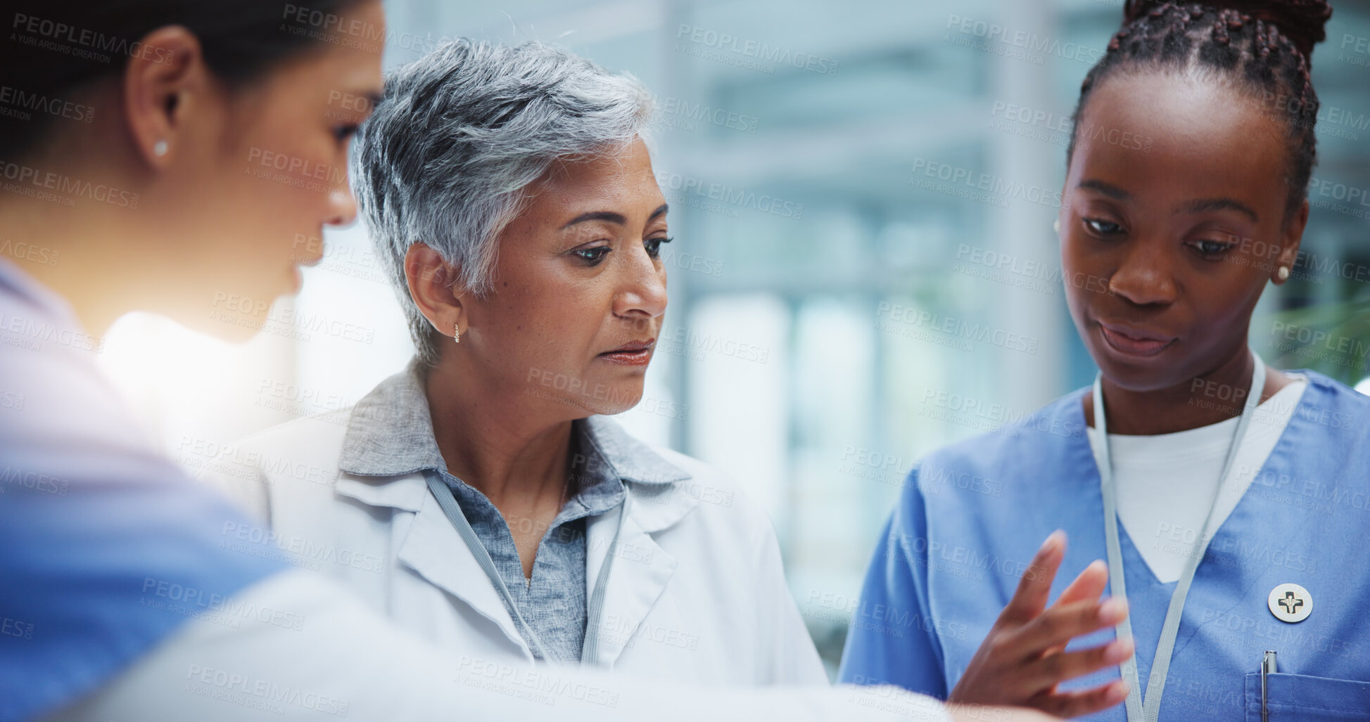 Buy stock photo Healthcare, women and doctor with discussion and communication about procedure protocol in hospital. Medical meeting, teamwork and female nurses for conversation, analysis and planning for surgery