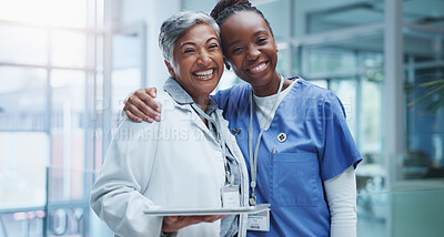 Buy stock photo Portrait, doctor hug and nurse woman in hospital with smile for healthcare, collaboration or support. Embrace, medical team and professional health workers for happiness, teamwork or solidarity