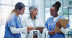 Healthcare, women and doctor with tablet and clipboard for discussion about medical procedure or protocol. Teamwork, female people and nurse with tech for analysis of surgery results and conversation