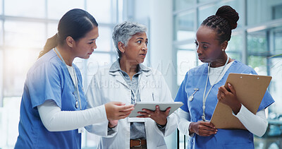 Buy stock photo Healthcare, women and doctor with tablet and clipboard for discussion about medical procedure or protocol. Teamwork, female people and nurse with tech for analysis of surgery results and conversation