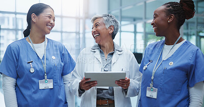 Buy stock photo Healthcare, happy women and doctor with tablet for medical discussion about procedure or operation. Smile, teamwork and female nurse with tech for conversation and analysis of patient surgery results