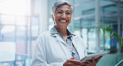 Buy stock photo Female doctor, portrait and smile with tablet in hospital or workplace with lens flare. Communication, technology and medical research for innovation in medicine with happy healthcare professional.