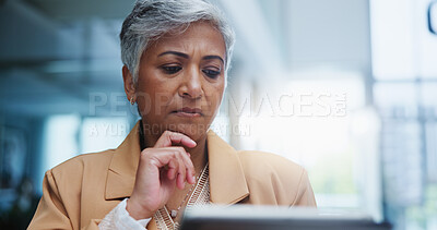 Buy stock photo Thinking, tablet and mature business woman in office reading corporate email for communication. Idea, research and female lawyer with digital technology for legal company policy review in workplace.