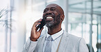 Phone call, outdoor and mature black businessman, smile and talking to contact for proposal and deal. Travel, street and communication of boss to company in Atlanta, happy and professional corporate