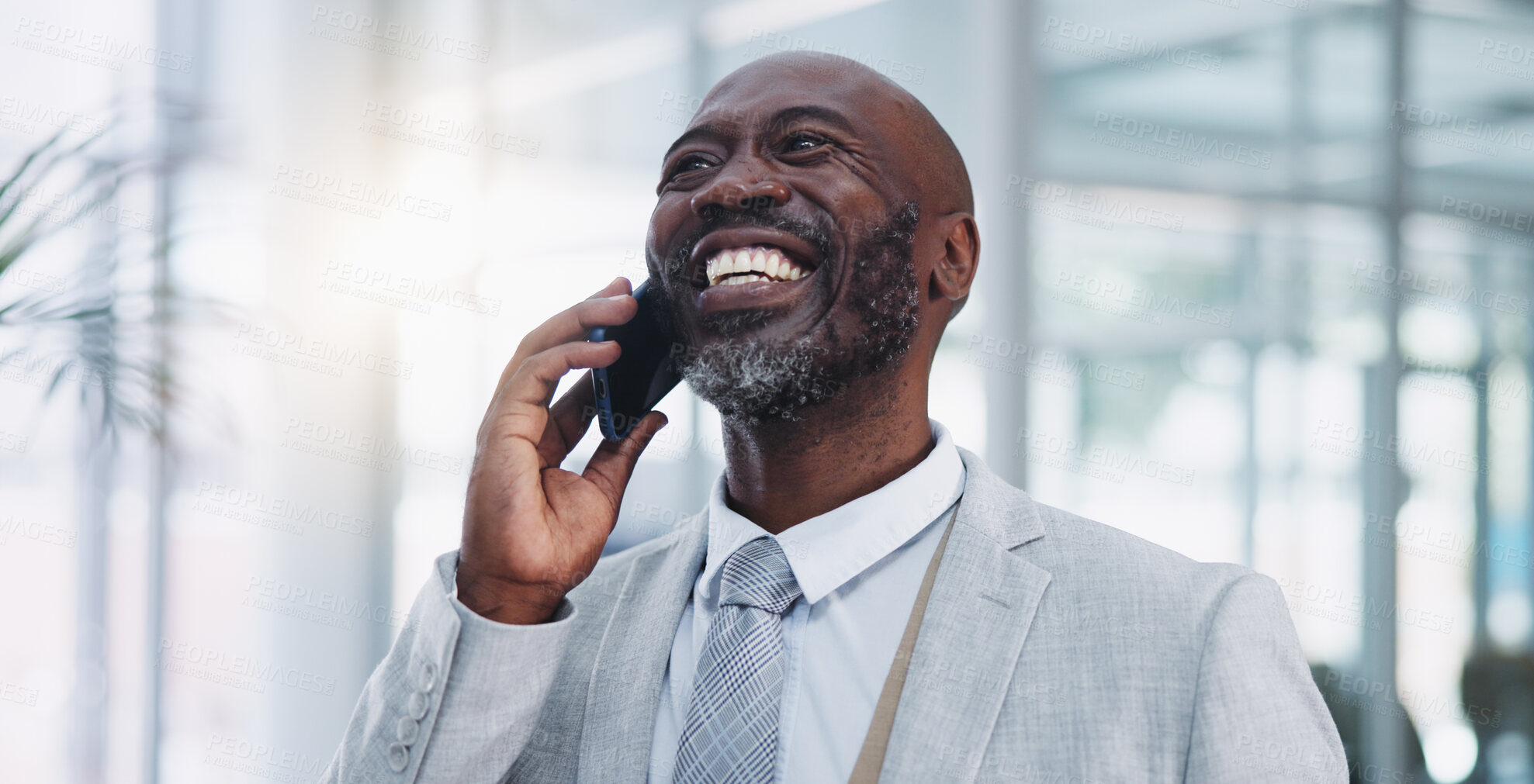 Buy stock photo Phone call, outdoor and mature black businessman, smile and talking to contact for proposal and deal. Travel, street and communication of boss to company in Atlanta, happy and professional corporate