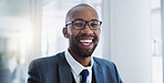 Corporate, portrait and black man with confidence in office for legal advice, professional and experience. Career, male lawyer or immigration attorney with happiness for job, work and law firm