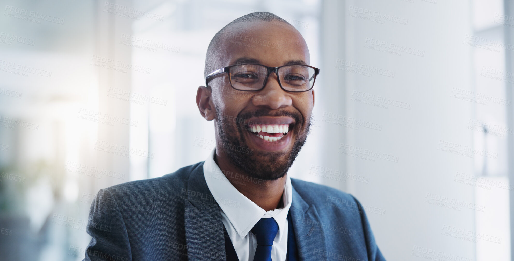 Buy stock photo Corporate, portrait and black man with confidence in office for legal advice, professional and experience. Career, male lawyer or immigration attorney with happiness for job, work and law firm