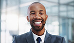 Corporate, portrait and black man with smile in office for legal advice, professional and experience. Career, male lawyer or immigration attorney with confidence for job, business and law firm