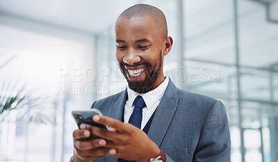 Buy stock photo Businessman, smile and browsing smartphone in office for communication on social media with texting. Happy, funny and laugh with online comedy video for humor in workplace with joke in Germany.