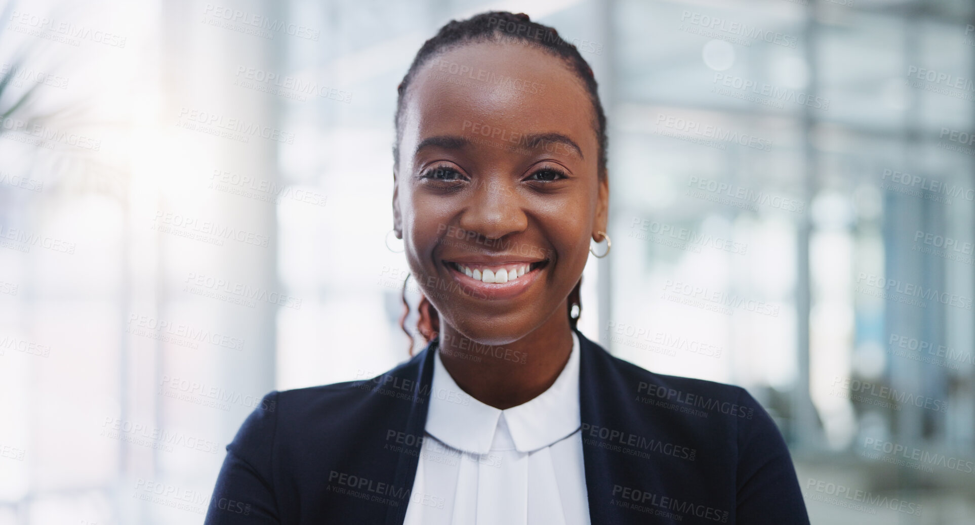 Buy stock photo Corporate, portrait and black woman with confidence in office for legal advice, professional and experience. Career, female lawyer or immigration attorney with happiness for job, business or law firm