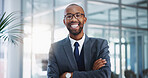 Corporate, portrait and black man with arms crossed in office for legal advice, professional and experience. Career, male lawyer or immigration attorney with confidence for job, work and law firm