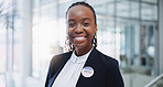 Black woman, smile and badge for vote in office in portrait with confidence for support with election. Party, registration and female presidential candidate or politician with pride in America.