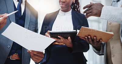 Buy stock photo Notebook, hands and business people with documents, tablet and teamwork with connection, consultant and agency. Group, staff and employees with ideas, planning and tech with collaboration for project