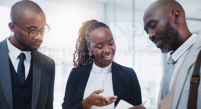 Buy stock photo Meeting, planning and business people in office for teamwork, strategy or collaboration. Discussion, corporate and group of African lawyers working on legal company policy review in workplace.