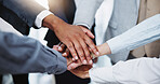 Hands, team and huddle with people for business deal in office with crm, staff and collaboration. Diversity, strategy and planning in company with goal, solidarity and together for victory in America