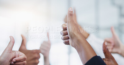 Buy stock photo Hands, team and thumbs up gesture for yes with positive businesspeople with goal, unity and thank you. Collaboration, good news and diversity with winner for group bonding with agreement in America.