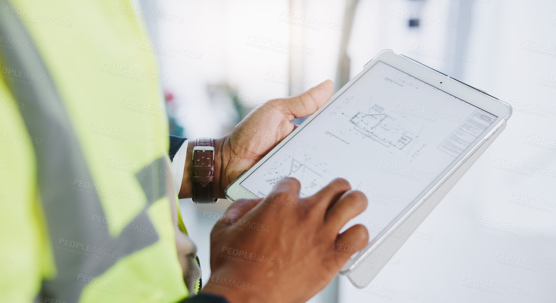 Buy stock photo Tablet, hands and person with engineer screen while online for planning, blueprints and research. Construction, architecture and industrial mobile app with civil engineering ux for floorplan document