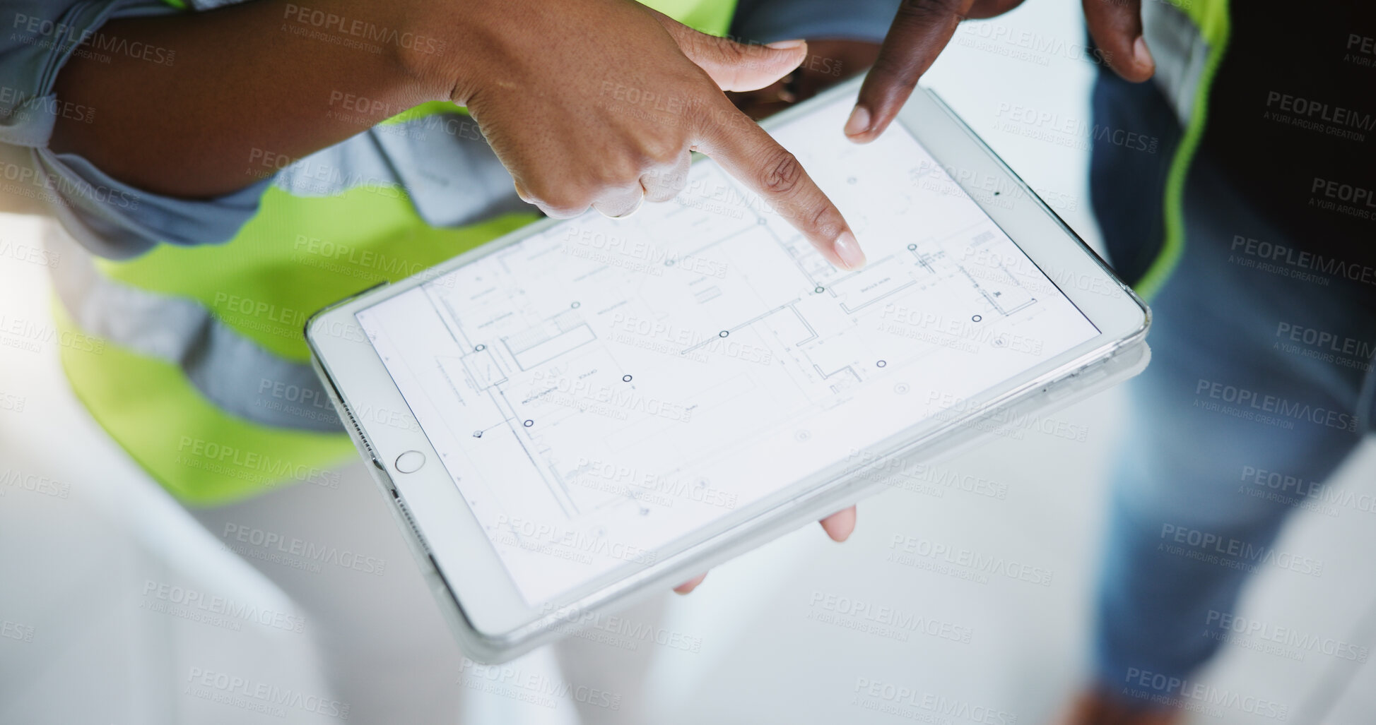 Buy stock photo Construction blueprints, hands and people with tablet in closeup for building project management. Architecture logistics, check and inspector with touchscreen for infrastructure compliance and review