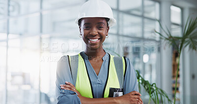 Buy stock photo Construction worker, portrait and black woman with arms crossed for confidence, engineering or project management. Smile, contractor and person for maintenance, building renovation or architecture