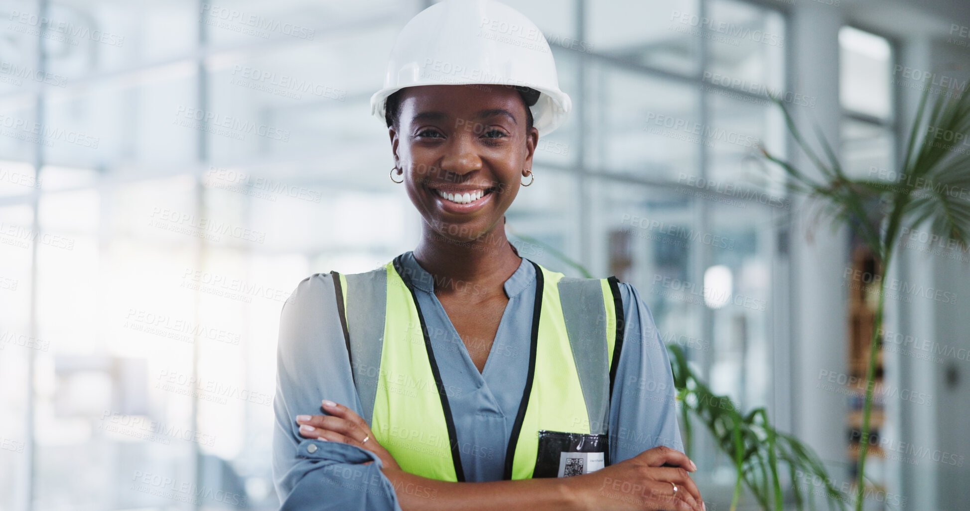 Buy stock photo Construction worker, portrait and black woman with arms crossed for confidence, engineering or project management. Smile, contractor and person for maintenance, building renovation or architecture