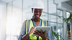 Female engineer, tablet and browsing with smile for construction or project management with tech. Planning, safety and research for industrial manufacturing or maintenance in modern office in America