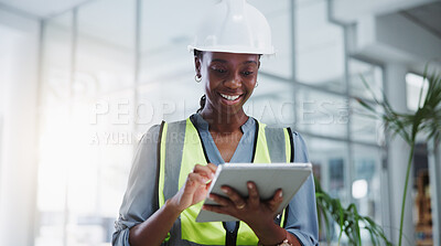 Buy stock photo Female engineer, tablet and browsing with smile for construction or project management with tech. Planning, safety and research for industrial manufacturing or maintenance in modern office in America