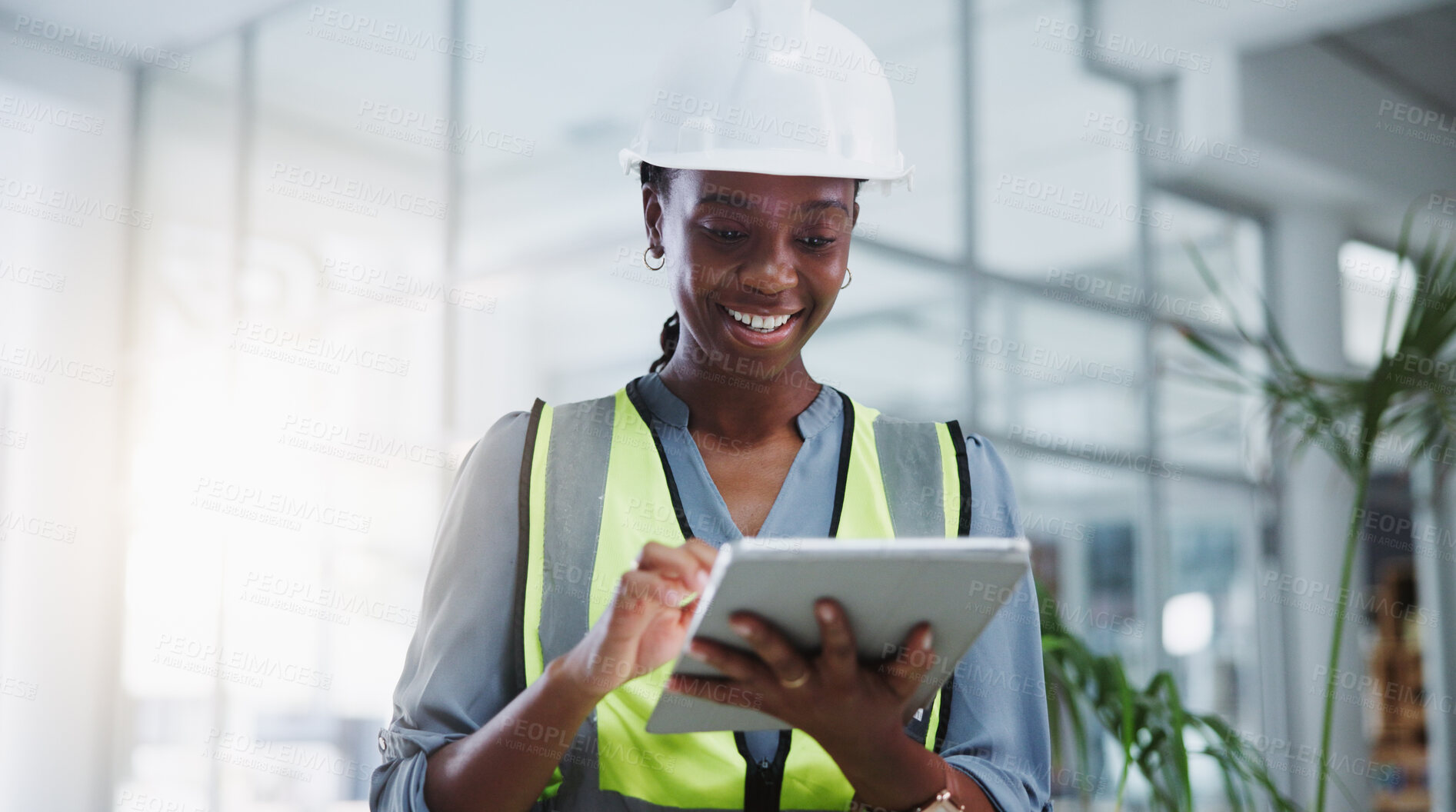 Buy stock photo Female engineer, tablet and browsing with smile for construction or project management with tech. Planning, safety and research for industrial manufacturing or maintenance in modern office in America