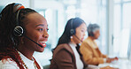 Smile, woman and call centre with headset in office, telemarketing or customer service of client online sales support. Female agent, offer advice and talking, telecom or virtual guide for solution

