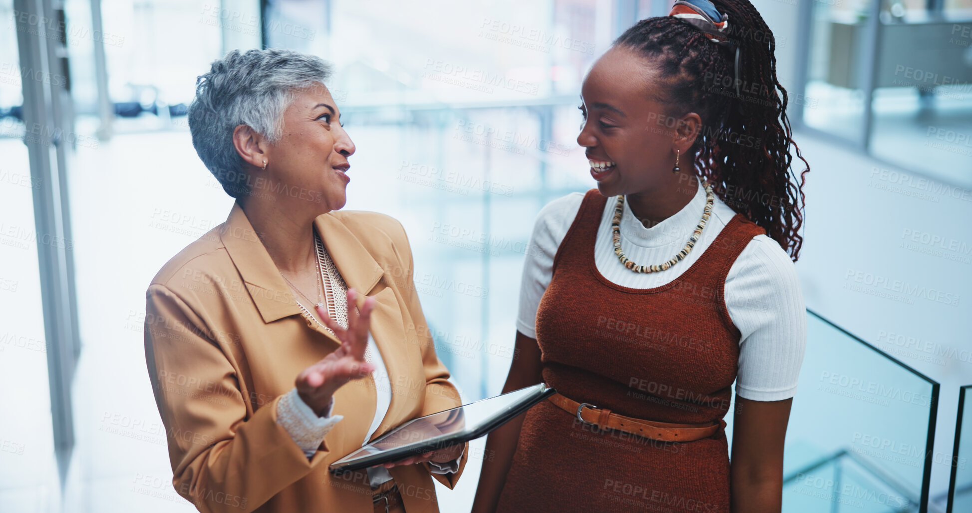 Buy stock photo Businesspeople, tablet and consult with smile in office for advice with manager for executive assistance. Women, happy and tech for communication with support in workplace for coaching or help.