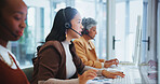 Woman, call centre and headphone for help in office, telemarketing or customer service of client online sales support. Female agent, offer advice and talk, telecom or solution by virtual guide

