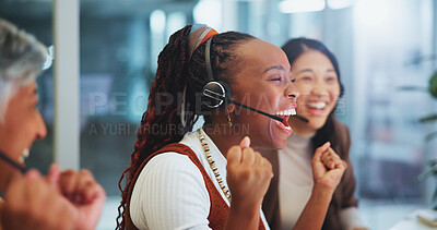 Buy stock photo Telemarketing, celebration and business women with fist for success or victory with sales target. Happy, corporate team and winner with achievement or triumph for b2b, customer service and support