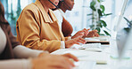 Woman, hands and typing on keyword in call centre as telemarketing agent, customer support or communication with client. Person, headphone and offer advice, telecom or solution for product placement