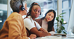 Call center, support and telemarketing woman sad in office with team for accident, fail or mistake. Computer, contact us and customer service with employee crying in workplace for compliance