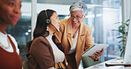 Business people, women and mentor with tablet, call center or telemarketing in modern office. Group, consultant and agent with tech support, corporate training or customer service with help or advice