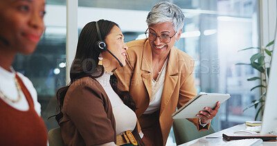 Buy stock photo Business people, women and mentor with tablet, call center or telemarketing in modern office. Group, consultant and agent with tech support, corporate training or customer service with help or advice