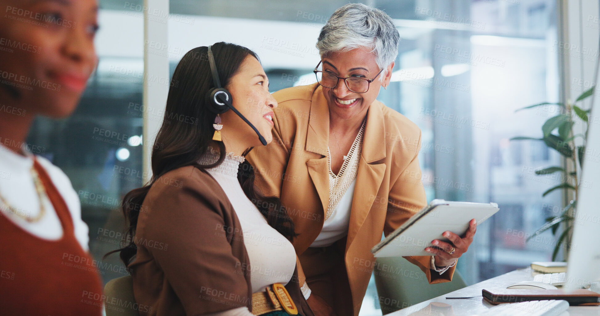 Buy stock photo Business people, women and mentor with tablet, call center or telemarketing in modern office. Group, consultant and agent with tech support, corporate training or customer service with help or advice