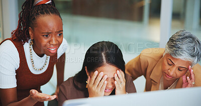 Buy stock photo Business people, women and mistake with stress, computer and error with startup failure, 404 glitch and conflict. Group, coworkers and staff with pc, sad or emotion with anxiety, deadline or bad news