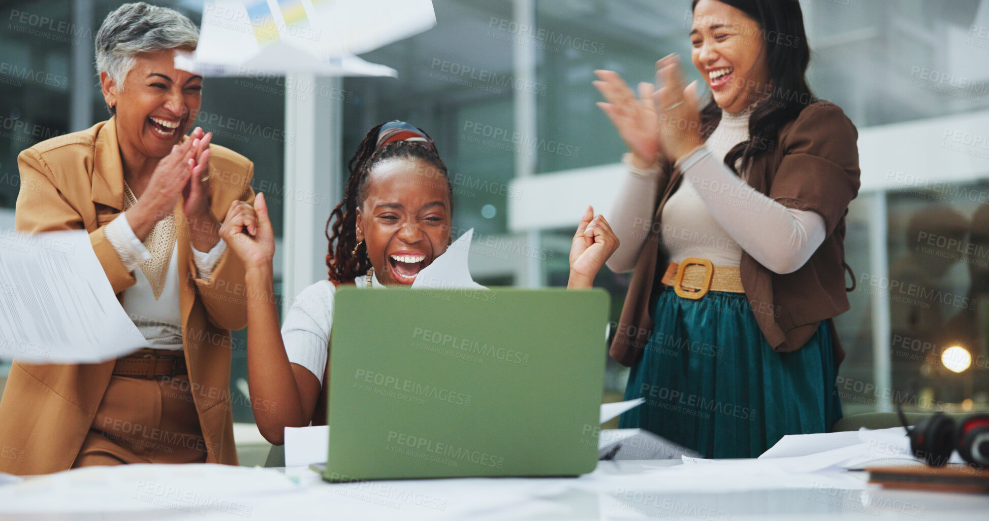 Buy stock photo Business people, laptop and women with celebration, teamwork and success with project, funding approval and smile. Staff, group and employees with computer, opportunity or email with positive message