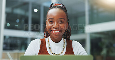 Buy stock photo Happy, black woman in business and portrait for pride and confidence in career as journalist at office. Smile, female person or editor in news startup for free information and access to knowledge 