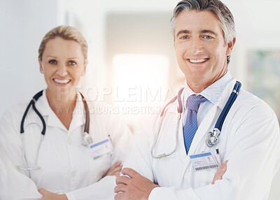 Buy stock photo Medical team, portrait and confident in hospital for healthcare, professional and pride in lobby. Mature doctors, support and about us in corridor for cardiology, medicare and expertise in clinic