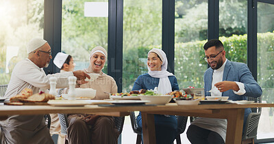 Buy stock photo Muslim, family and dinner at dining table for ramadan, islamic celebration and eating food at home. Eid mubarak, culture and religious gathering with mother, father and son for bonding in apartment