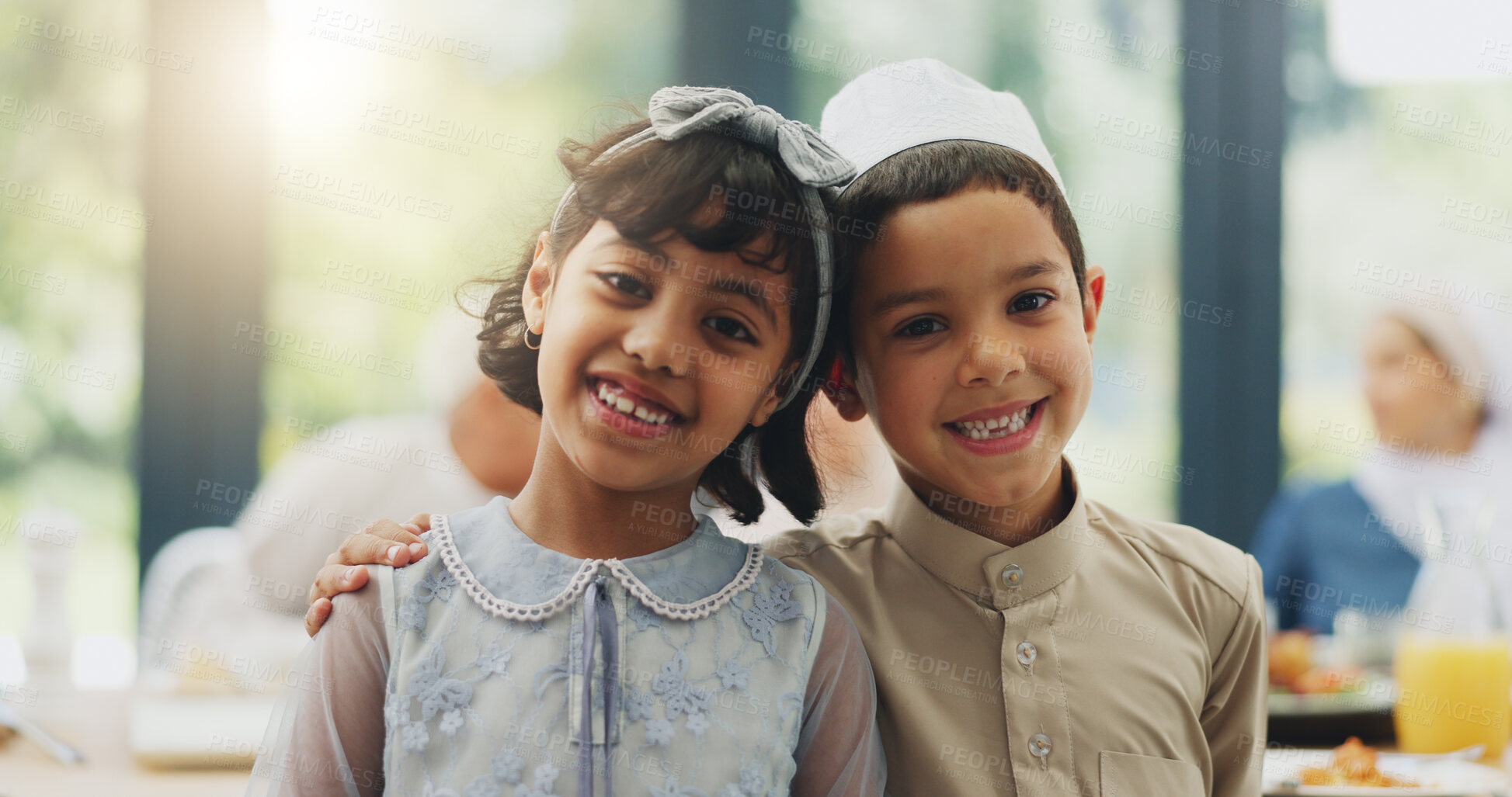 Buy stock photo Portrait, happy kids and Muslim family at ramadan in home for eating dinner, Iftar and siblings celebrate Eid mubarak. Face, smile and Islamic children together at lunch for food, fasting or religion