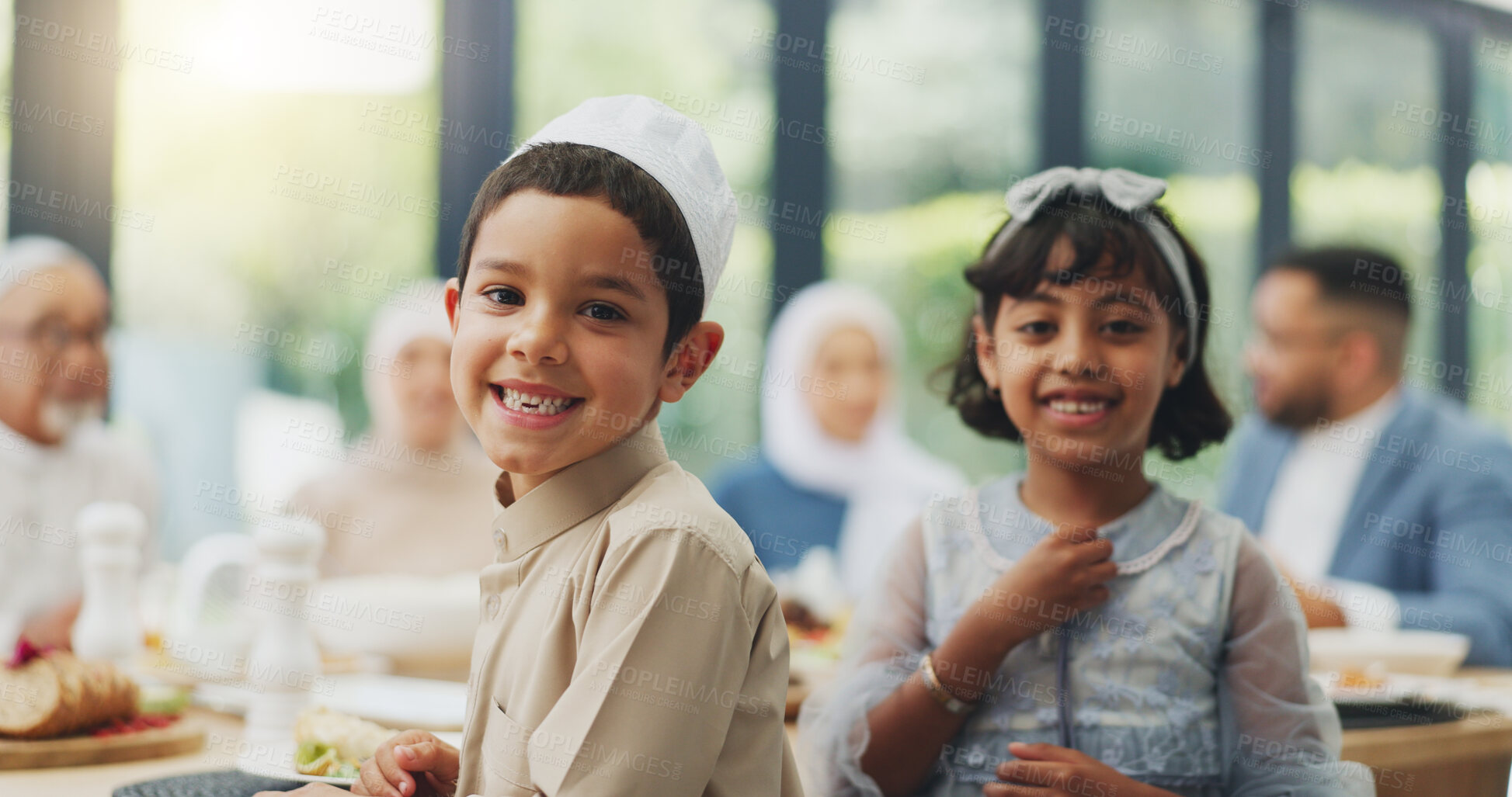 Buy stock photo Portrait, happy kids and Muslim family eating dinner for Iftar, ramadan and siblings celebrate Eid mubarak in home. Face, smile and Islamic children together at lunch for food, fasting or religion