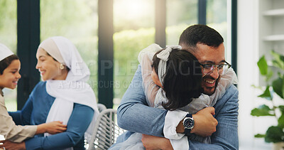 Buy stock photo Family, hug or love with father and daughter in dining room of home together for pride or support. Happy, smile or trust with dad and girl child embracing in apartment for care, safety or security