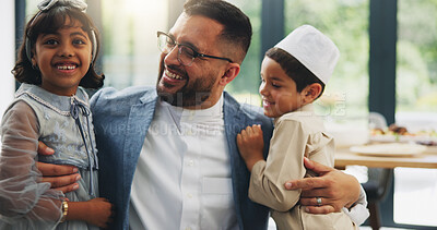 Buy stock photo Muslim, children and hug with father in home for hello, reunion and celebration together before dinner. Family, dad and kids with embrace or smile for welcome, greeting and support with love in house