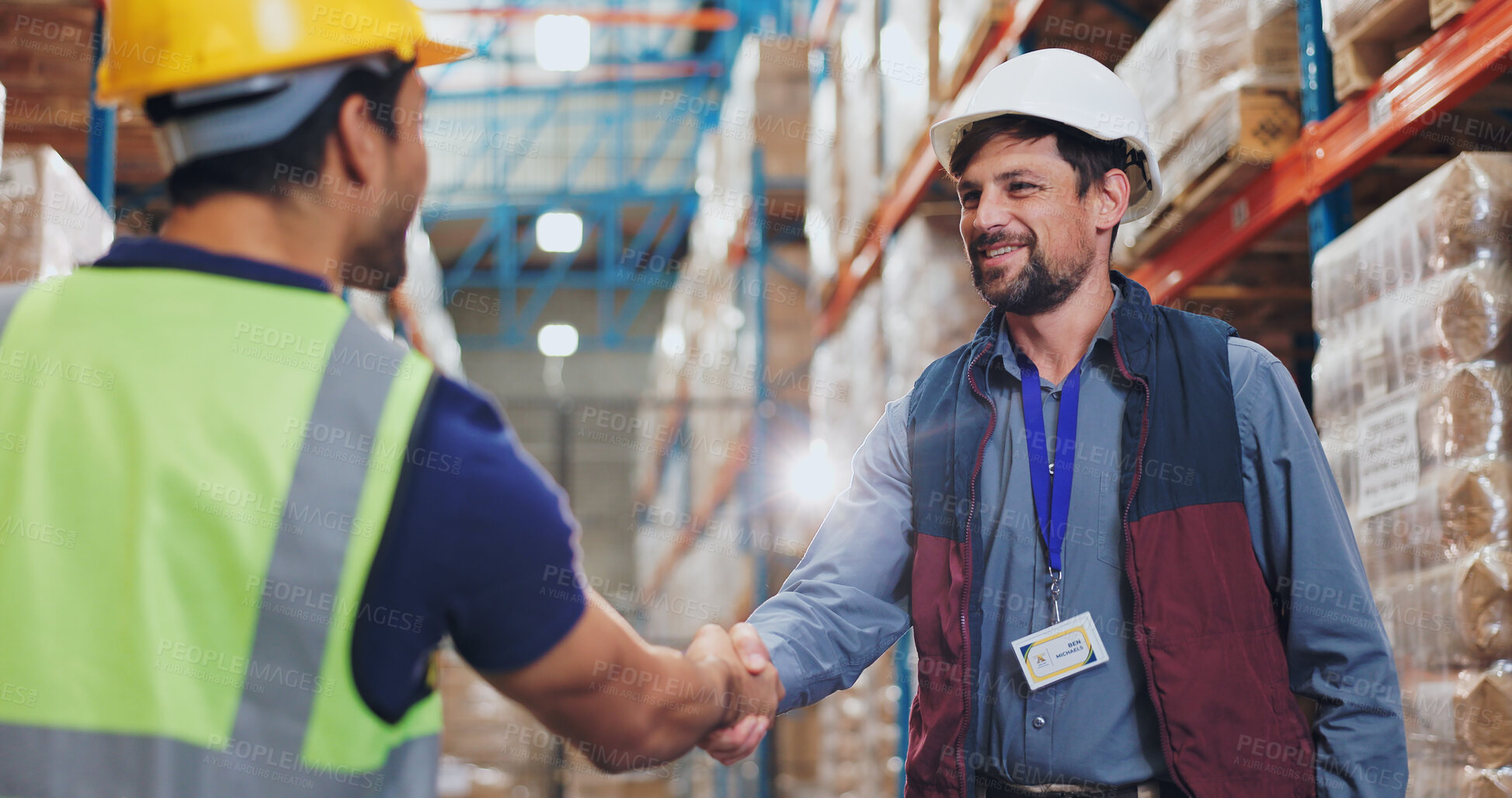 Buy stock photo Men, handshake and warehouse for deal with logistics, smile and contract for global shipping company. People, shaking hands and happy for agreement, collaboration and supply chain for distribution